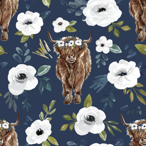 Avaleigh Highland Cow Floral on Navy Blue