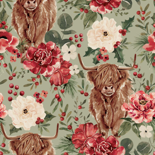 HighlandCow Floral SageGreen