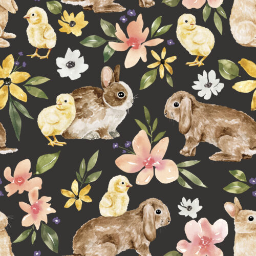 Floral Easter Bunnies and Chicks on Black