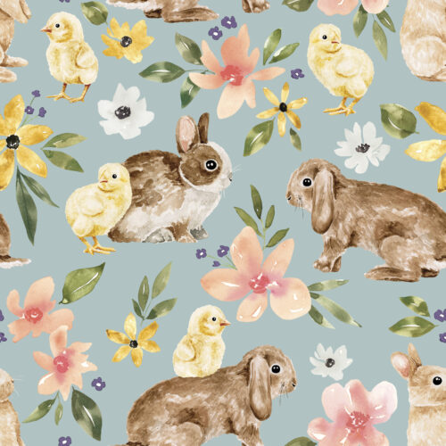 Floral Easter Bunnies and Chicks on Blue