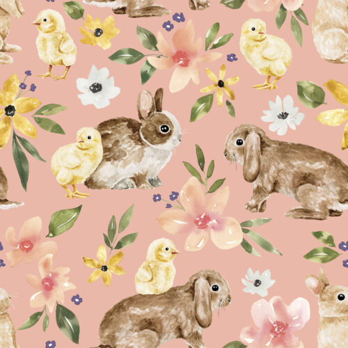 Floral Easter Bunnies and Chicks on Pink