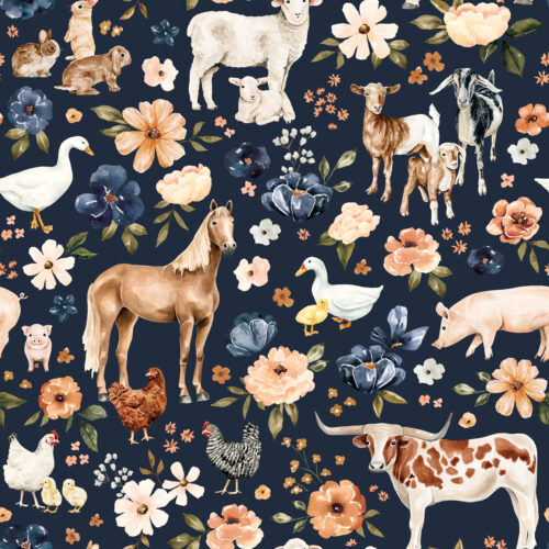 CR FarmandMeadow FarmAnimal Floral NavyBlue