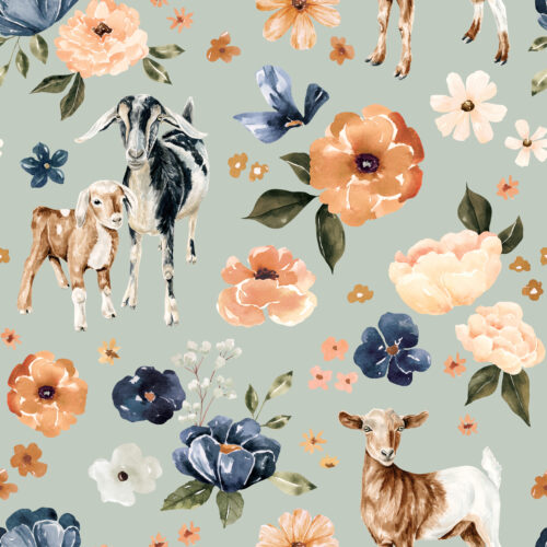 CR FarmandMeadow Goat Floral MintBlue