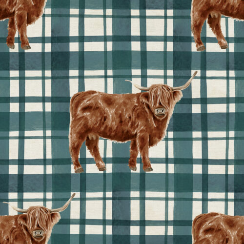 FrmhsCmasBurlap HighlandCow Plaid Teal
