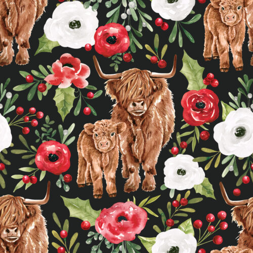 HollyandPine HighlandCowsFloral Black