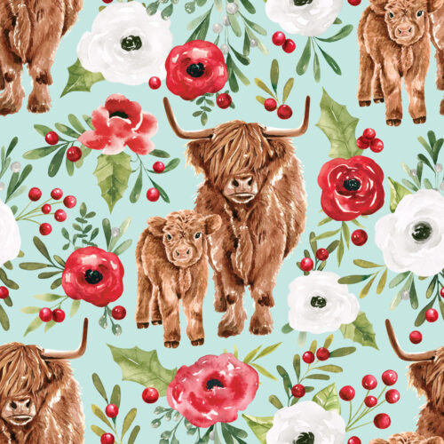 HollyandPine HighlandCowsFloral Blue