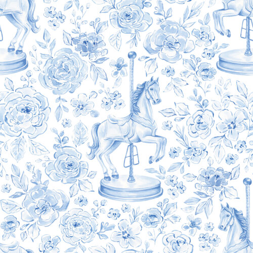 Blue Carousel Horse Floral White