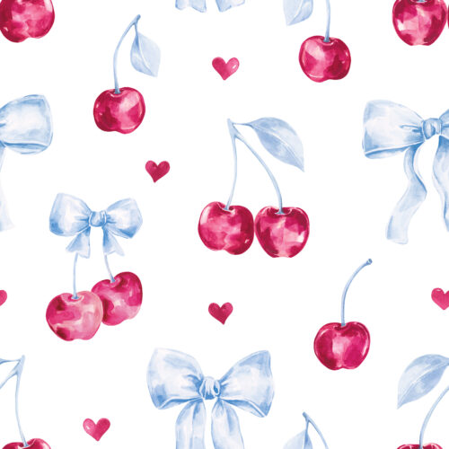 Cherries Blue Bows White
