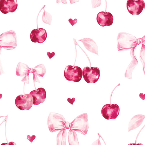 Pink Cherries Pink Bows White