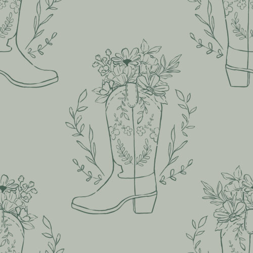 Floral CowgirlBoot Drawing MintBlue