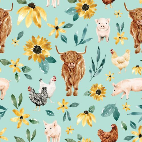Sunflower Floral Farmanimals Blue