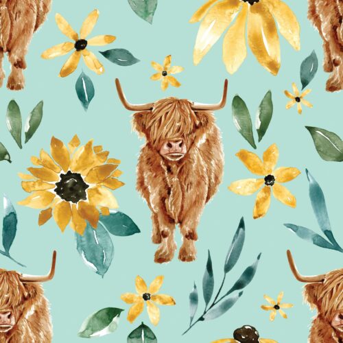 Sunflower Floral Highlandcow Blue