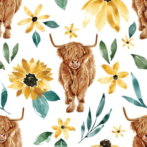 Sunflower Floral Highlandcow White