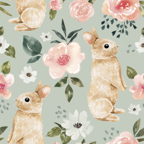 Mint Blue Vintage Spring Bunny Floral