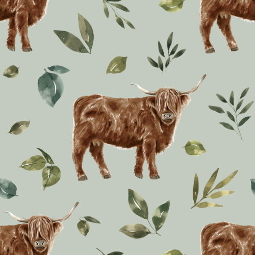 Mint Blue Vintage Spring Highland Cow