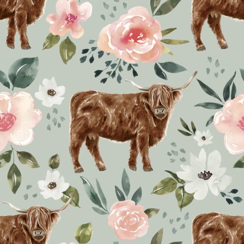 Mint Blue Vintage Spring Highland Cow Floral