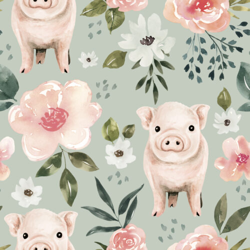 Mint Blue Vintage Spring Pig Floral