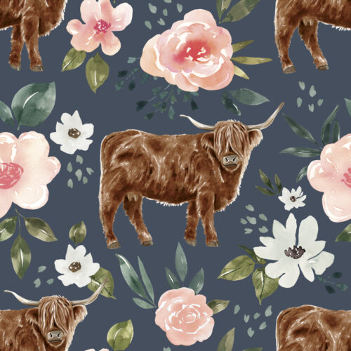 Periwinkle Blue Vintage Spring Highland Cow Floral
