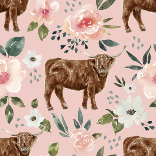 Pink Vintage Spring Highland Cow Floral