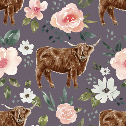 Purple Vintage Spring Highland Cow Floral