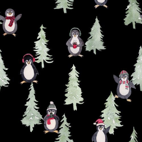 Penguins and Pine Trees on Black