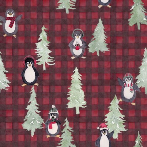 Penguins and Pine Trees on Buffalo Plaid