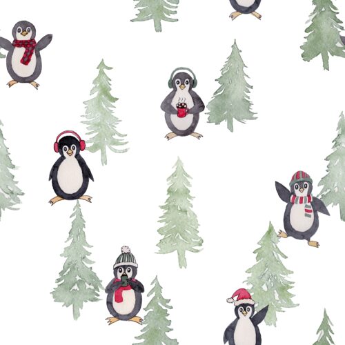 Penguins and Pine Trees on White