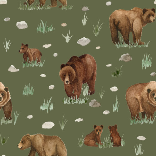 Watercolor Grizzly Bears on Army Green