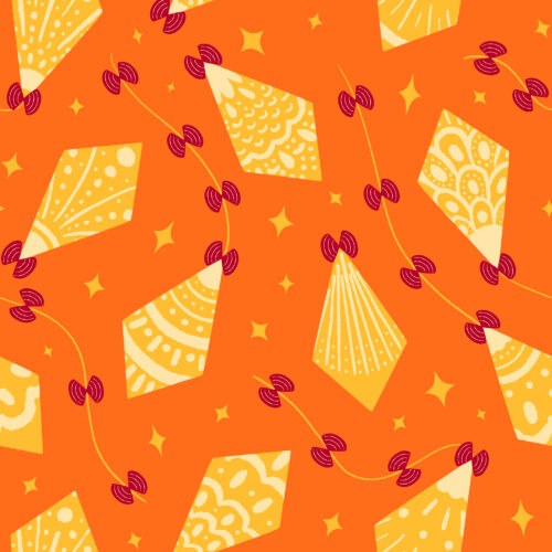 Tossed Art Deco Kites Neon Orange