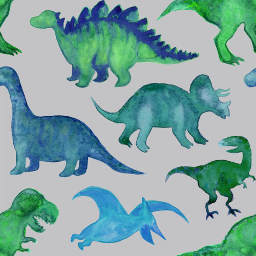 Blue Green Watercolor Dinosaurs Grey