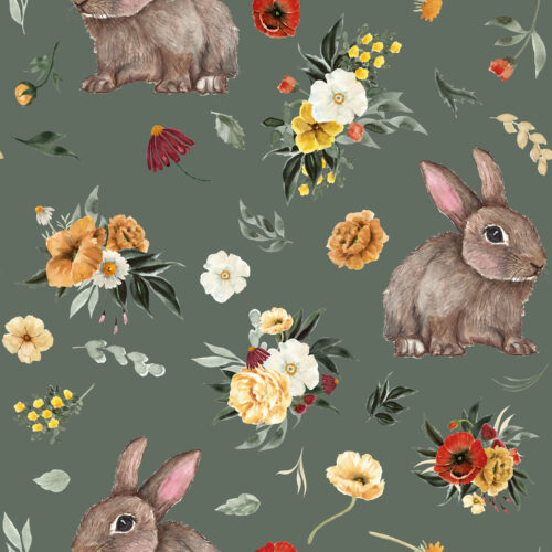 Hip Kid Design - Bunnies and Florals on Willow Green