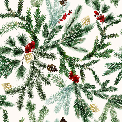 Hip Kid Design - Christmas Pine and Red Berry Garland Foliage on Ecru White