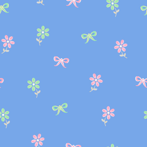 Vivie & Ash - Daisies And Bows Pink And Green On Blue