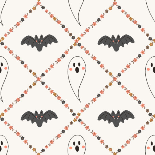 Vivie & Ash - Ditsy Floral Trellis With Ghosts And Bats Orange And White