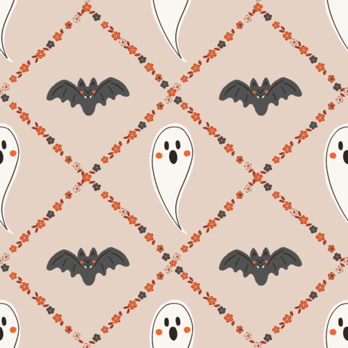 Vivie & Ash - Ditsy Floral Trellis With Ghosts And Bats Taupe And Rust