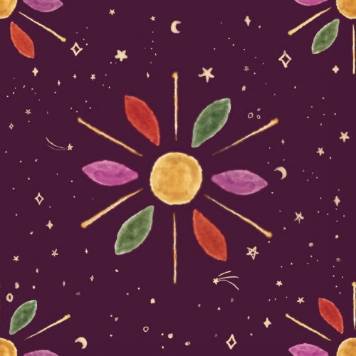 Seamless Gal - Equinox Watercolor Sun And Fall Foliage On Purple