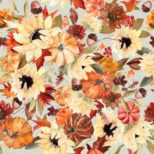 Hip Kid Design - Fall Sunflowers, Pumpkins and Maple Leaves on Sage Gray