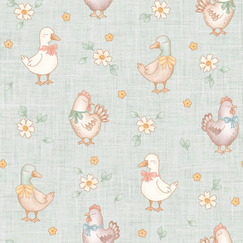 Krystal Winn - Farmyard Chickens And Ducks Floral Mint