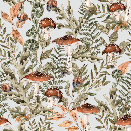 Hip Kid Design - Fern Forest and Mushrooms on Pale Gray