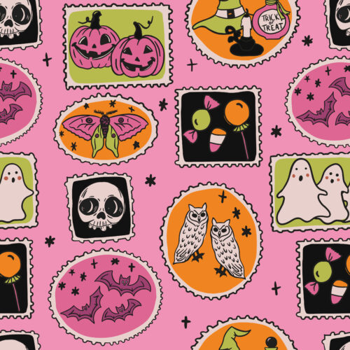 Vivie & Ash - Halloween Stamps Pink Orange Green On Pink