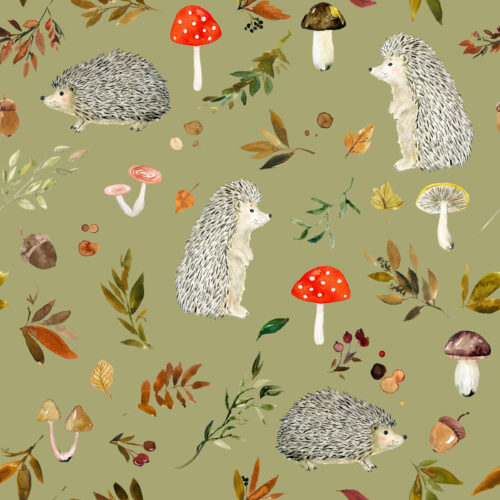 Hip Kid Design - Hedgehogs and Fall Foliage on Smoke Green