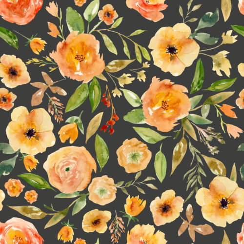 Hip Kid Design - Pumpkin Orange Fall Florals on Charcoal Black