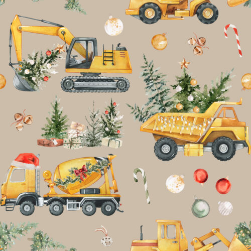 Hip Kid Design - Santa's Little Builders Christmas Construction Trucks on Oatmeal Cocoa