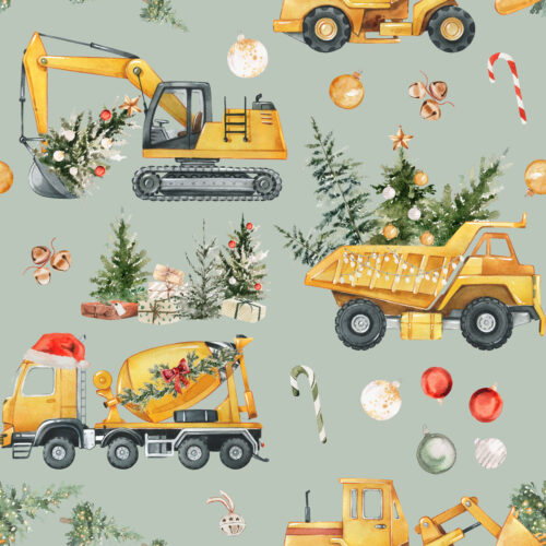Hip Kid Design - Santa's Little Builders Christmas Construction Trucks on Sage Gray