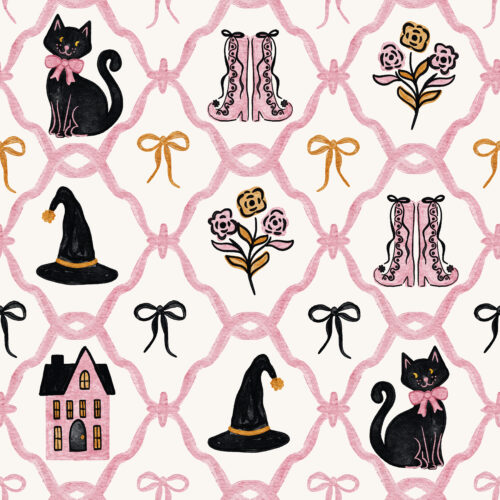 Vivie & Ash - Scalloped Trellis Kitty Halloween Pink And Black On White