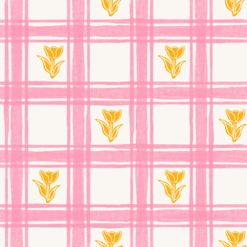 Vivie & Ash - Spring Linen Gingham Yellow And Pink Tulips