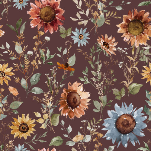 Hip Kid Design - Sunset Meadow Sunflowers on Wine Umber