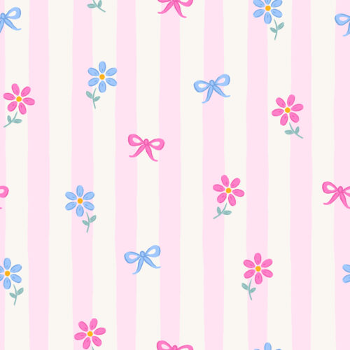 Vivie & Ash - Wide Vertical Stripe Daisies And Bows Pink And Blue