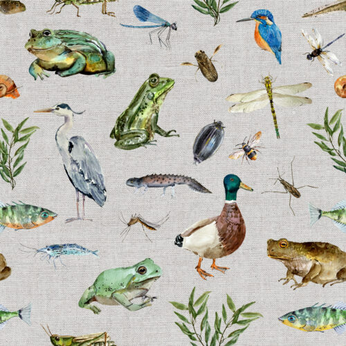Hip Kid Design - Wildlife Pond on Gray Linen Texture
