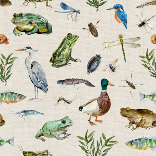 Hip Kid Design - Wildlife Pond on Oatmeal Linen Texture